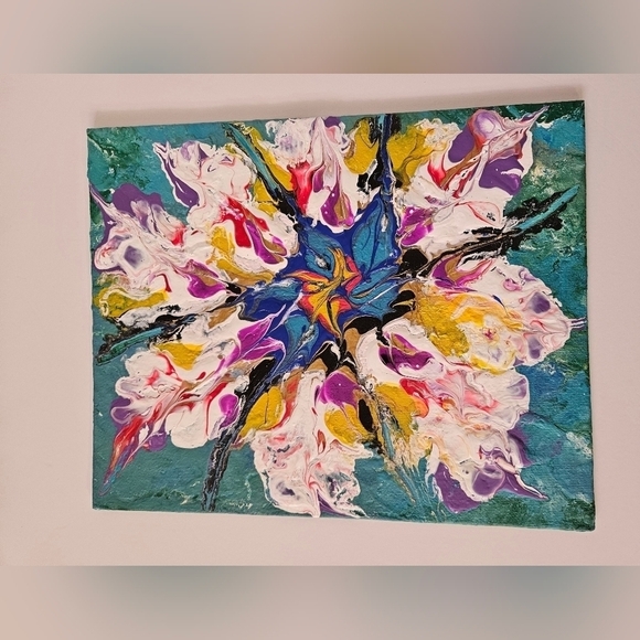 Hand Crafted original fluid art abstract dutch pour floral art upcycled blue - Picture 7 of 12